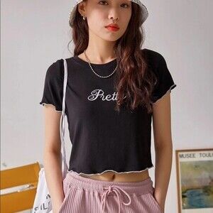 Pretty Letter Embroidered Lettuce Trim Soft Black and White Tee